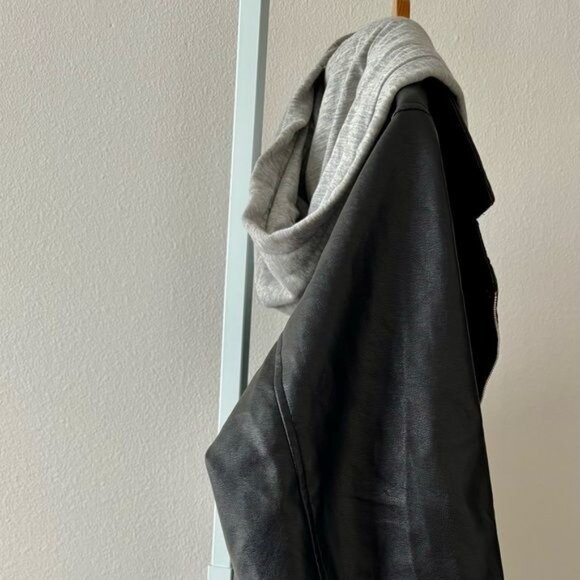 Rue 21+ Jacket 3X Retro Moto Zip Faux Leather Hood Mixed Media Streetwear Grunge - Picture 9 of 11